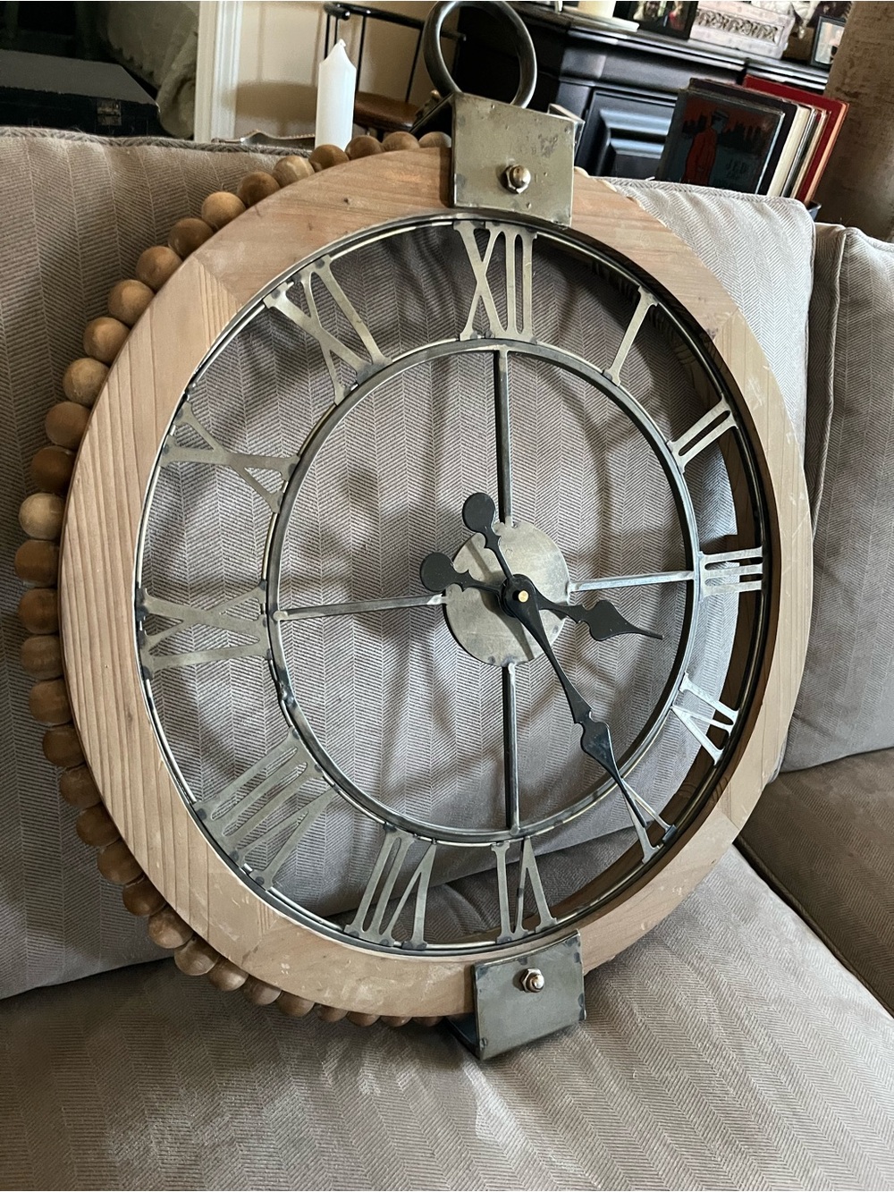 Magnolia Home Classic Wood & brushed metal Roman Numeral Wall Clock . - Picture 4 of 5